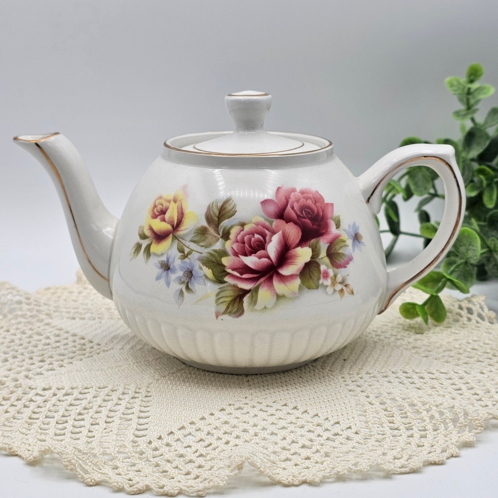 Vintage Ellgreave Wood & Sons Ironstone Floral Teapot Made in England 848D